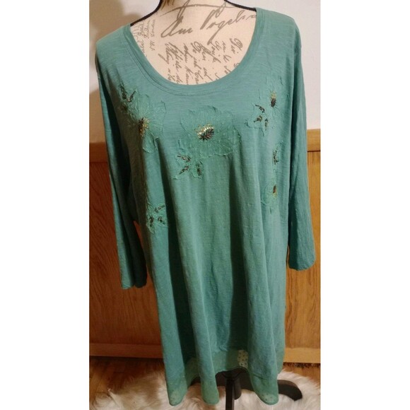 LOGO Women's LS Tunic Top Green Sz 3X Embellishments & Front & Back Lace New - Picture 1 of 9